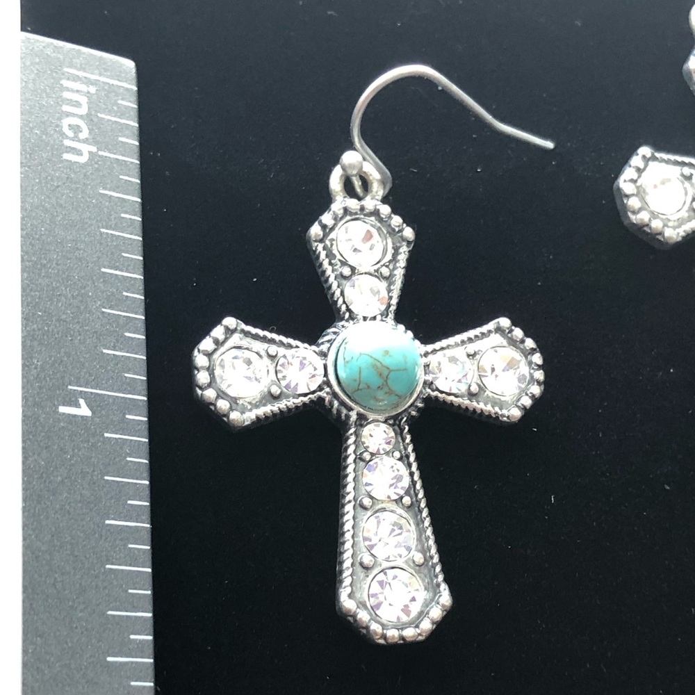 🆕 Turquoise & Rhinestone Cross Earrings - Picture 3 of 6